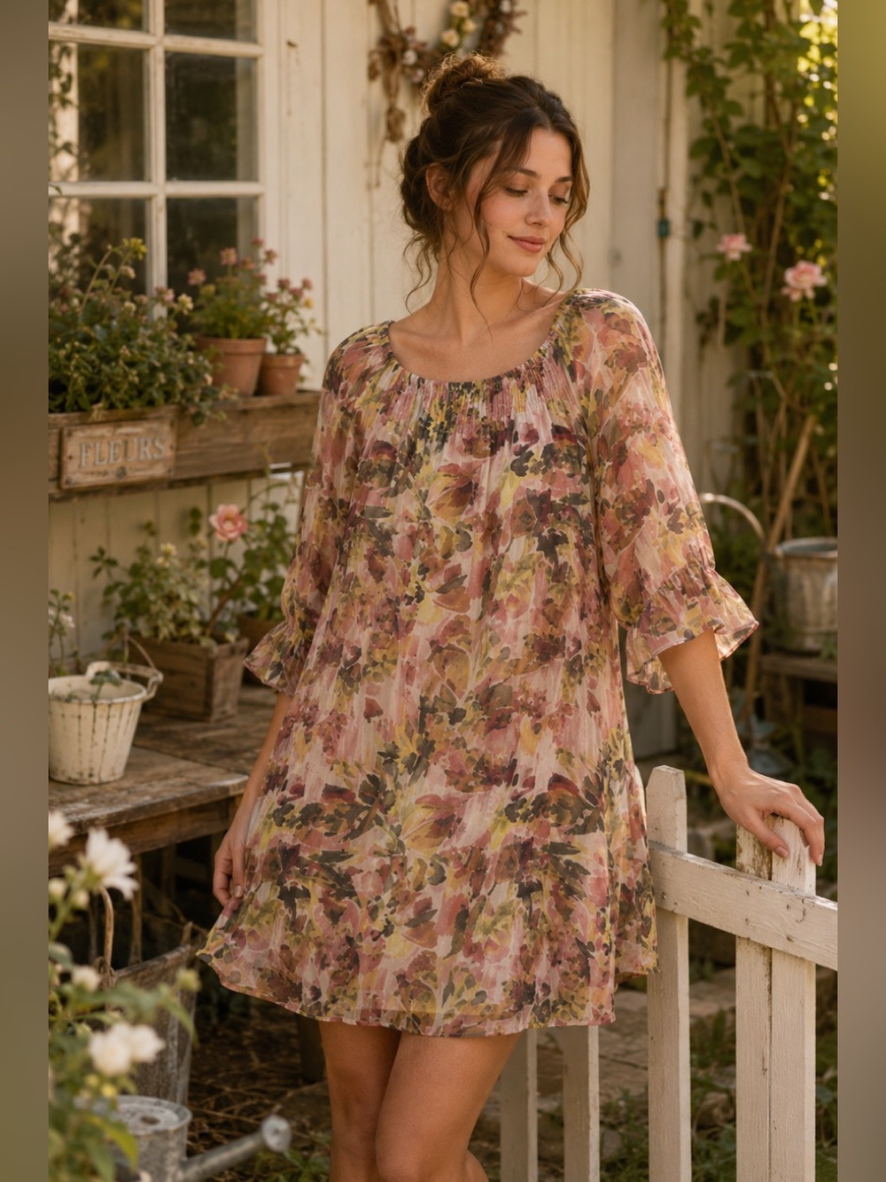 Zac & Rachel 1X Watercolor Floral Tunic Dress Smocked Neck Boho Peasant